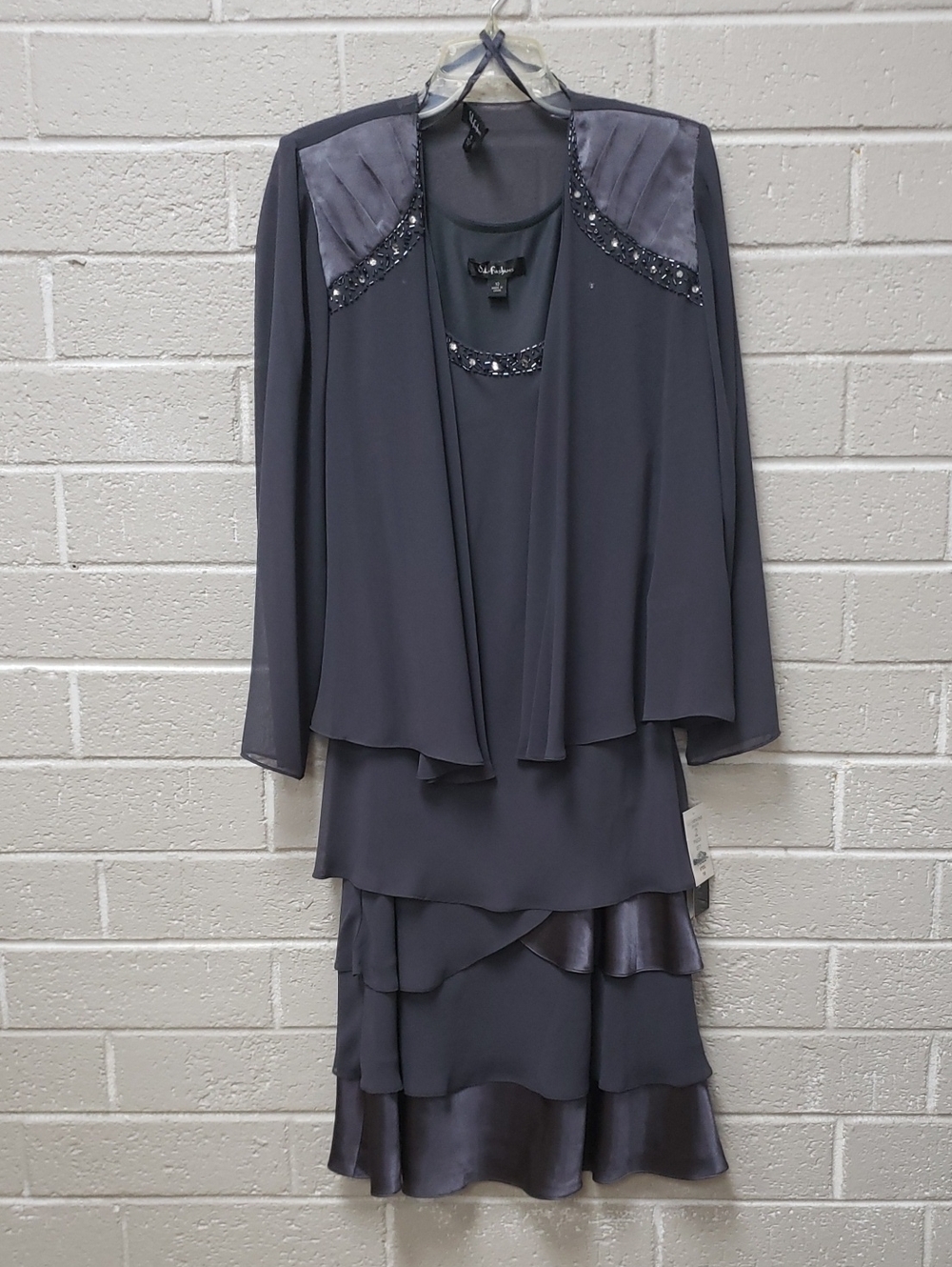 Beaded Layered Chiffon Dress Set - Slate Gray